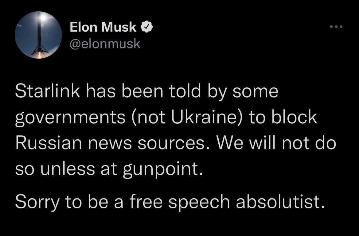 sempreguerra's tweet photo. Elon Musk disse que Starlink se recusa a bloquear publicações de notícias russas, apesar dos pedidos de "os governos de alguns países"

#Ucrania #UkraineUnderAttack #Russia #Kiev #Guerra #War #UkraineRussiaWar #UcraniaRussia 
#ElonMusk https://t.co/pa1Tbr8Mg4