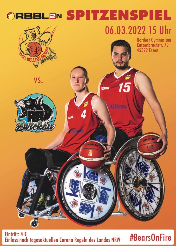 RalfBockstedte's tweet photo. Spitzenspiel! 🏀 Essen kämpft morgen (6. März) um Teilnahme a.Playoffs 1.Bundesliga. @HotRollingBears spielen i.d.2.Rollstuhlbasketball-Bundesliga u.15 Uhr, Sporthalle Nordost Gymnasiums Essen gg.RB Zwickau.Lassen wir mit Topstimmung die Halle beben.Wir sehen uns da! #Bearsonfire https://t.co/af9Uw1mxWI