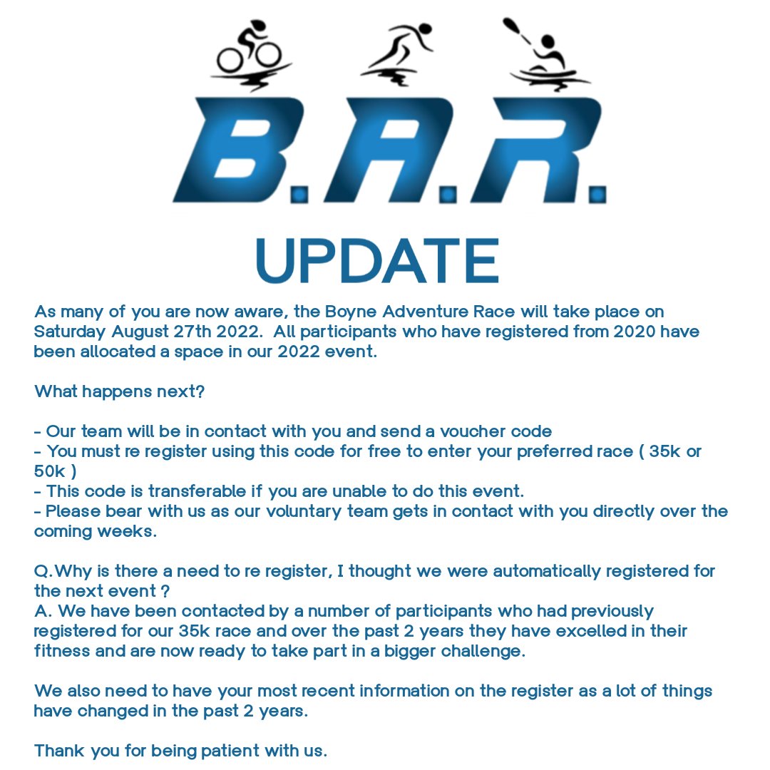 Update - Boyne Adventure Race takes place Saturday August 27th 2022.