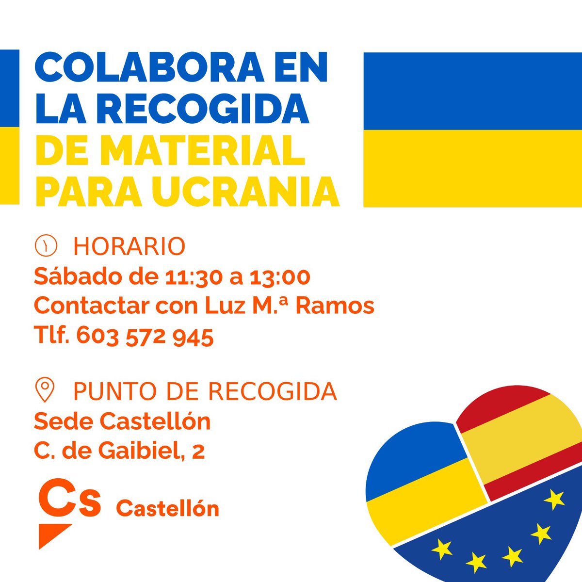 TereOrtizLopez's tweet image. 🇺🇦 Hoy empezamos recogida de material en las tres sedes de @CsCValenciana
🕢 11h30 - 13h 
📍Sede Castellón: Gaibiel 2
📍Sede Alicante: Maisonnave 13
📍 Sede Valencia: San Vte Martir 83
▪ Alimentos no perecederos
▪ Productos sanitarios
▪ Ropa de abrigo, mantas…
Te esperamos 🍊
