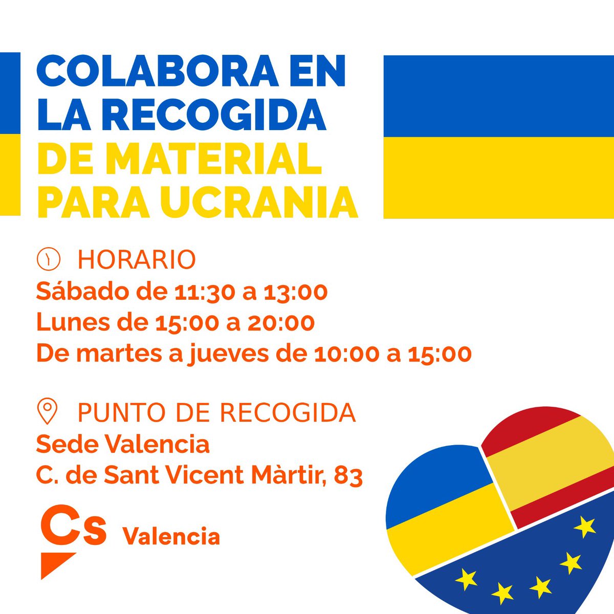 TereOrtizLopez's tweet image. 🇺🇦 Hoy empezamos recogida de material en las tres sedes de @CsCValenciana
🕢 11h30 - 13h 
📍Sede Castellón: Gaibiel 2
📍Sede Alicante: Maisonnave 13
📍 Sede Valencia: San Vte Martir 83
▪ Alimentos no perecederos
▪ Productos sanitarios
▪ Ropa de abrigo, mantas…
Te esperamos 🍊