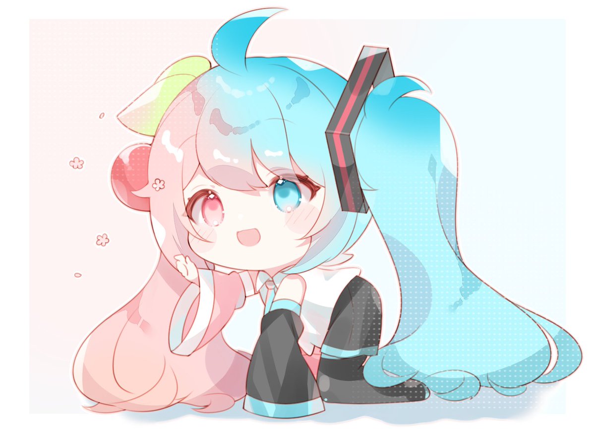 hatsune miku ,sakura miku twintails heterochromia 1girl chibi hair ornament cherry hair ornament long hair  illustration images