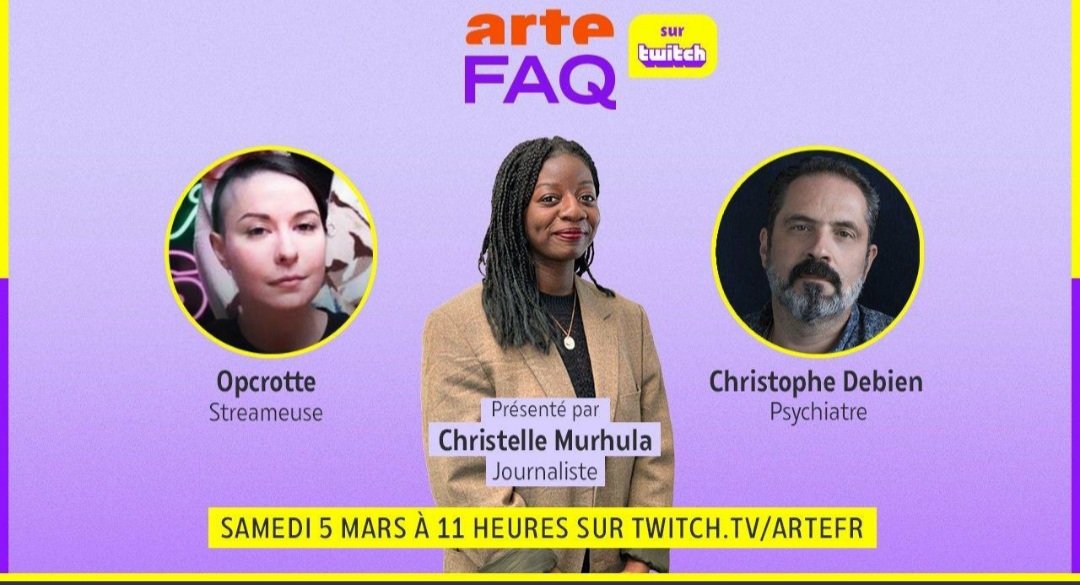 psy_massondavid's tweet photo. Bonne nouvelle, #ArteFAQ parle #SantéMentale ce samedi 5 mars!
@CMurhula reçoit dans son émission sur Twitch @OPcrotte et le psychiatre @chris_debien pour parler de ce nécessaire sujet de société.
Suivez les et posez vos questions dès 11h sur https://t.co/OxlaYnkGS4.
@ARTEfr https://t.co/T6vLiR69oO