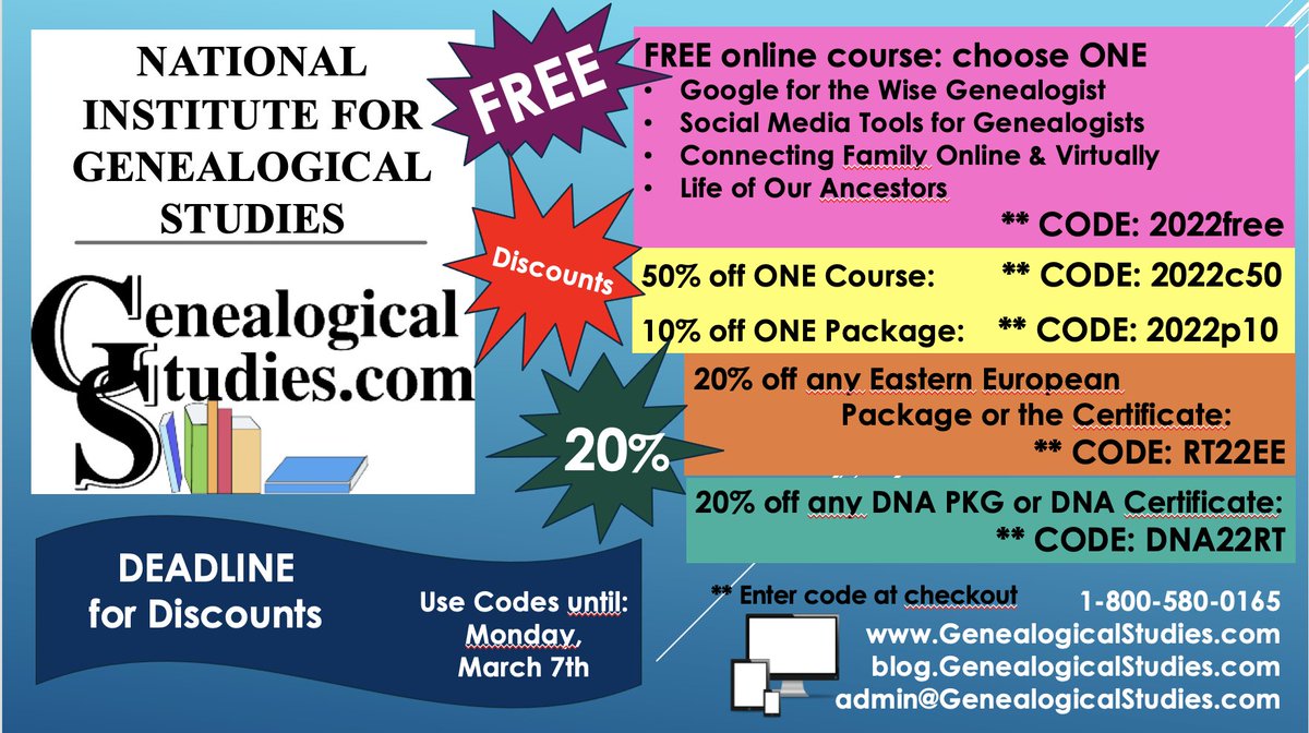 GeneaStudies's tweet photo. Claim a FREE course, or Take advantage of #DiscountCodes for #RootsTech2022 from @GeneaStudies. Codes expire on Monday, March 7th. Visit us in the Expo Hall. #familyhistory #genealogy #skillbuilding #onlineeducation #DNA
https://t.co/DIxbSV5n8A https://t.co/Sscc0worcK