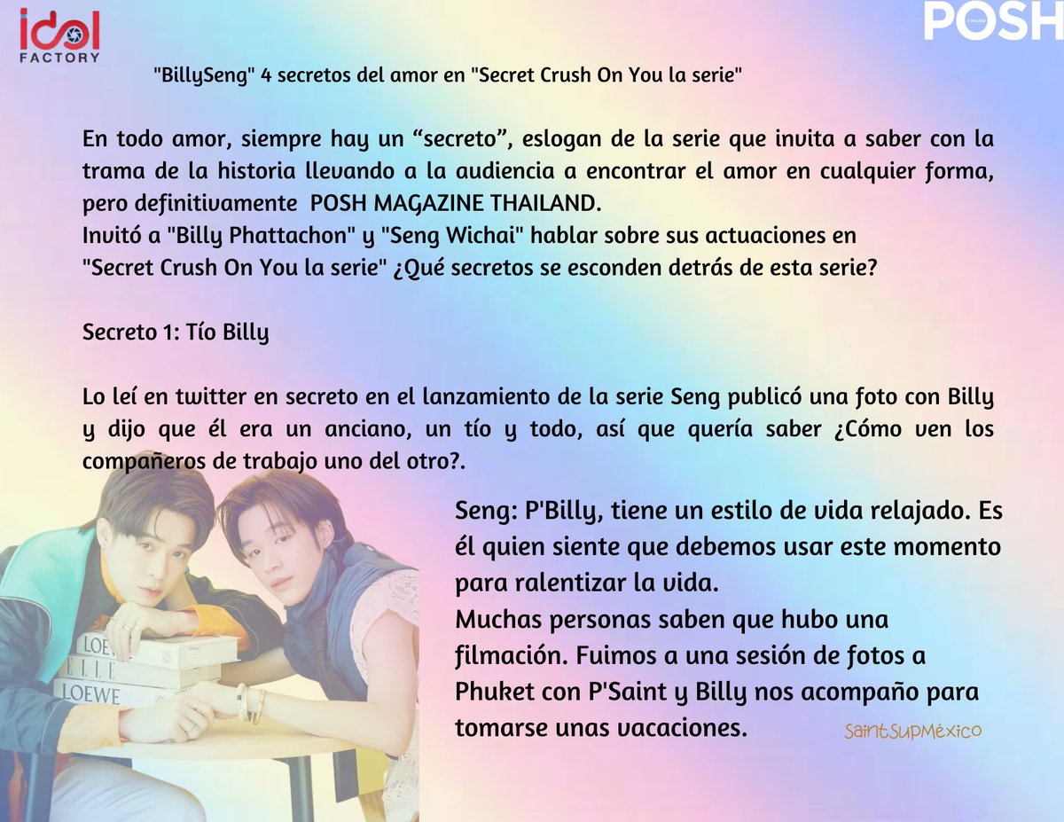SaintSupMexico's tweet photo. "BillySeng" 4 secretos del amor en "Secret Crush On You la serie"
Entrevista: https://t.co/TzNLkzrnnO
#bbil1ypn #seng_wichai #billyseng
#poshmagazineth #SCOYtheseries
#แอบหลงรักเดอะซีรีส์ #idolfactoryTH https://t.co/iFIbtNKMsH