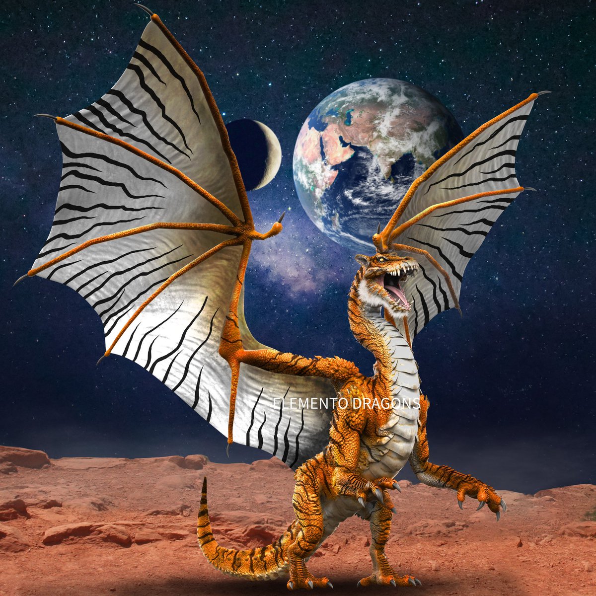 It’s been a while since we dropped new sneak peek here! Look at our Tiger Dragon roaring it’s way past the moon! For Elemento Dragons, moon is the 1st destination 🐉

We are launching soon, don’t miss out &amp; join us now! discord.gg/ElementoDragons 

#NFTGiveaway #NFTdrop #nft #nfts
