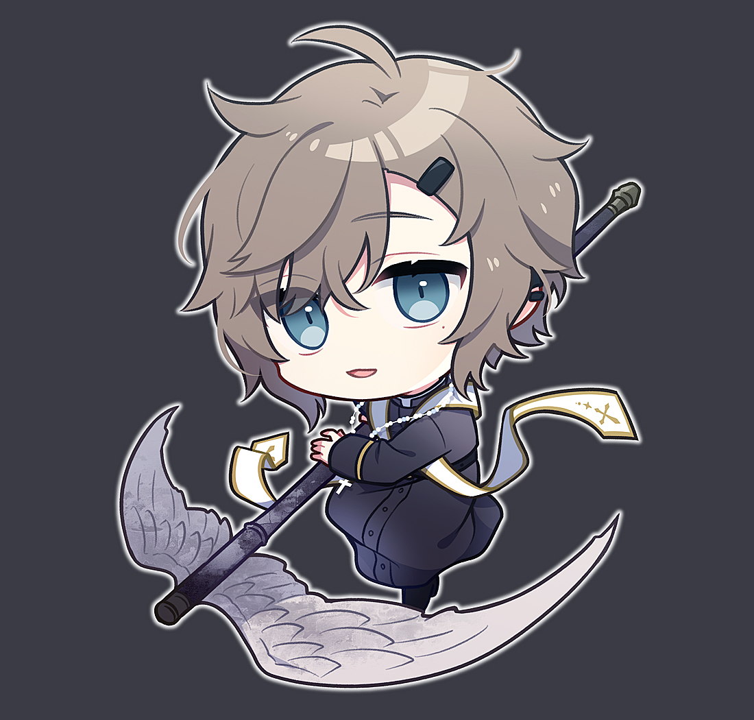 male focus 1boy chibi brown hair scythe solo blue eyes  illustration images