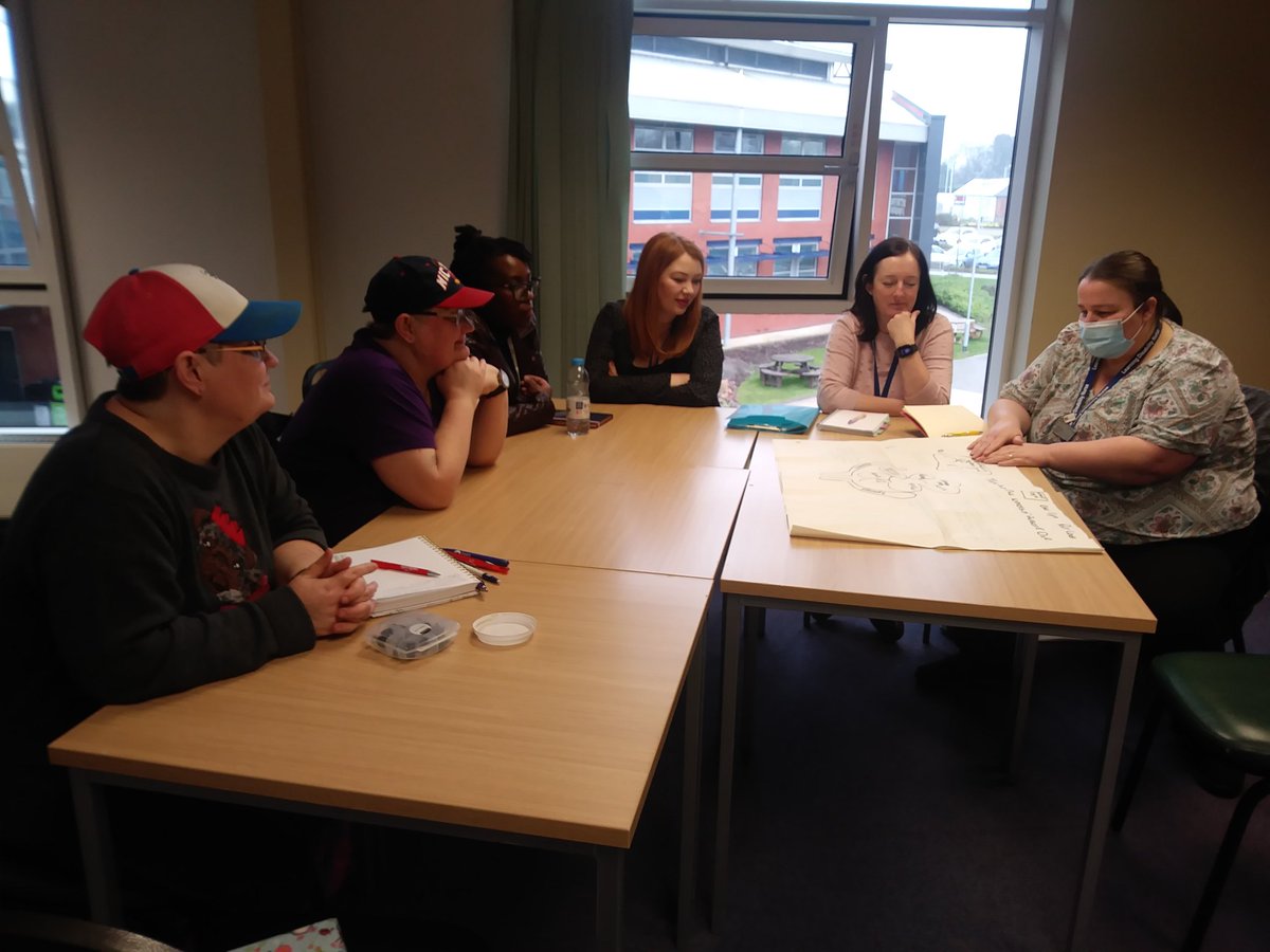 lynnewalsall's tweet photo. #TeamLearningDisabilityRWT hard at work reviewing the logo & poster campaign progress (3/3/22). #CoproductionRWT great work team π Around the table #ExpertsByExperience #RNLDs #StudentRNLDs @RWT_NHS @BollardMartin @DvcDudley @RWT_patientexp @AlisonDowling10 @UoWFEHW https://t.co/s69ielxlQH