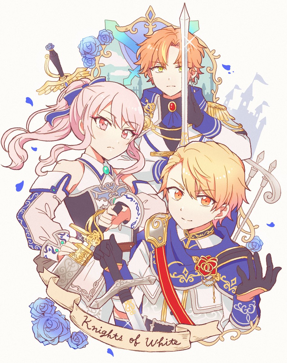 multiple boys weapon blue flower pink hair sword pink eyes blue rose  illustration images