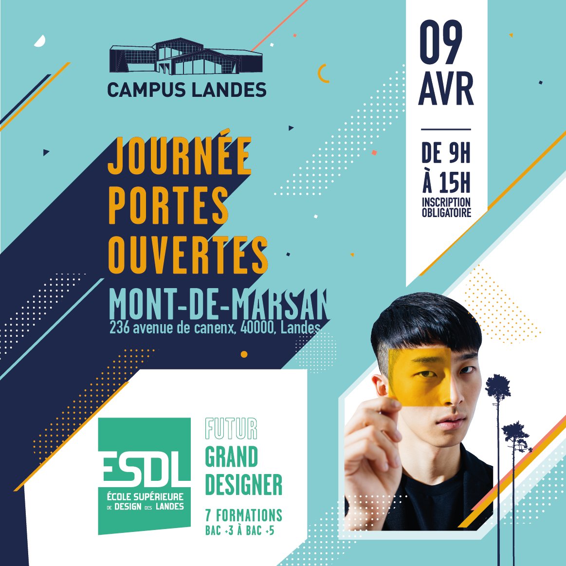 [JPO]

Le campus ouvre ses portes le 𝟗 𝐚𝐯𝐫𝐢𝐥 𝟐𝟎𝟐𝟐 𝐝𝐞 𝟗𝐡 à 𝟏𝟓𝐡.
Voici 3 bonnes raisons de venir nous rencontrer :
Visite personnalisée | Rencontres | Échanges
🔗ɪɴsᴄʀɪᴘᴛɪᴏɴ ᴏʙʟɪɢᴀᴛᴏɪʀᴇ
bit.ly/Journees_Porte…

#campuslandes #esdl #jpo #rencontres #design