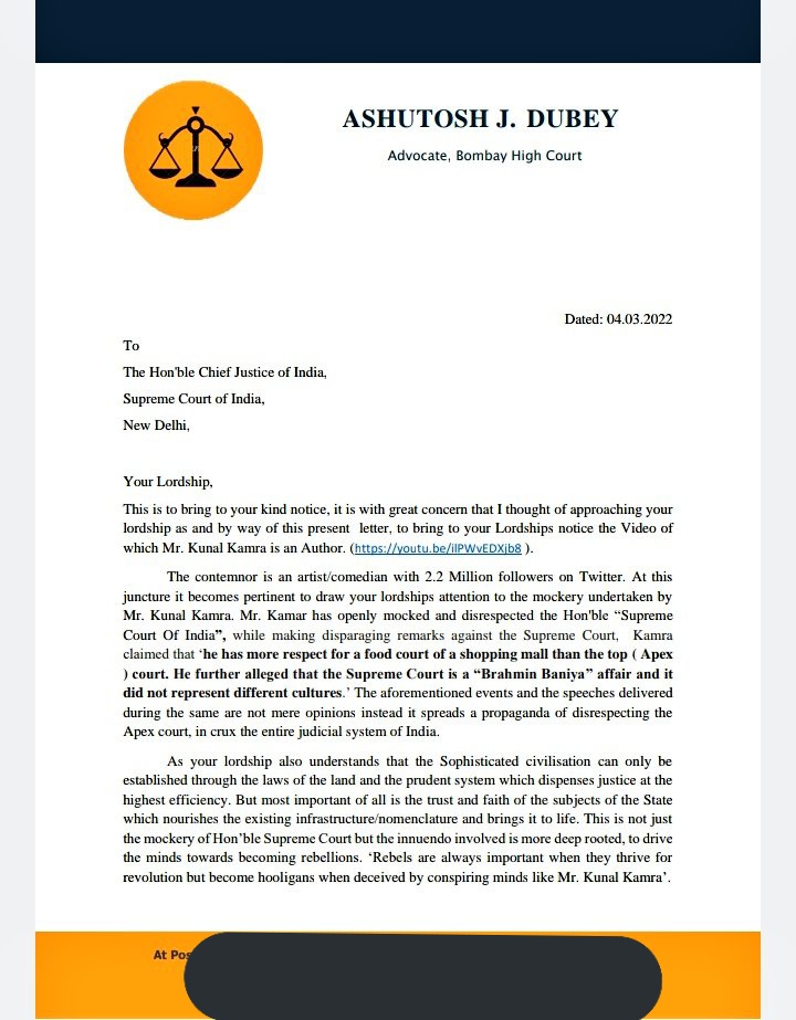 AdvAshutoshBJP's tweet photo. I have requested to Hon'ble Chief Justice Of India and Supreme Court Of India to initiate proceedings against Alleged Comedian "Kunal Kamra" for criminal contempt under the Contempt of Courts Act, 1971. https://t.co/FGF9tZsDfK https://t.co/boZ6uOTKss