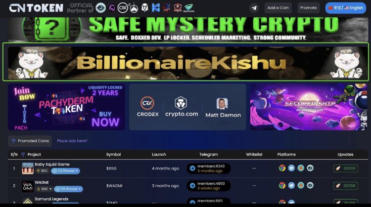 BillionaireKishu has advertised on cntoken.io, the first and largest China-centric coin index
Officialy partner and powered by Bogged Finance <a href="/boggedfinance/">Bogged | All-In-One Platform for DeFi Trading</a>, Astronaut Launchpad @astronaut_bsc &amp;CRODEX @crodexofficial!
Remember to vote for us: 
cntoken.io/coin/18371