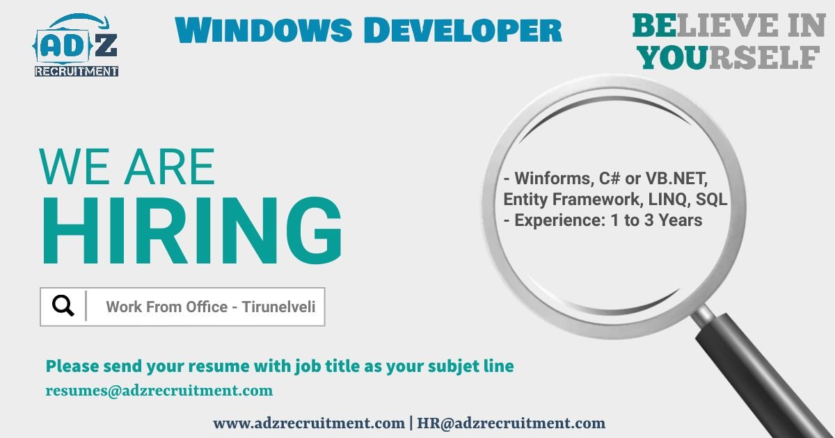 AdzRecruitment's tweet image. #windowsdeveloper  #tirunelvelijobs
Immediate Joiners Preferred

Please send your resumes to resumes@adzrecruitment.com

#recruiting #recruitment #talentacquistion #clientservices #job #careers #nowhiring #jobsearch #india #adzrecruitment #hiring