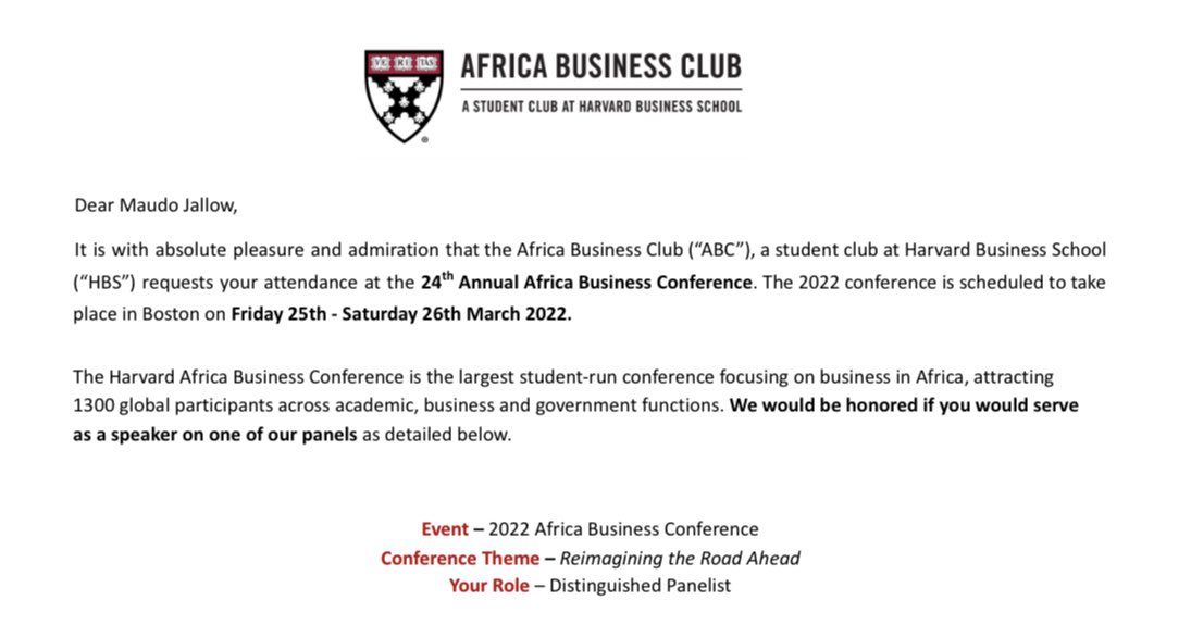 maudojallow's tweet photo. Later this month, I will be speaking at @Harvard during @HBSABC’s annual Africa Business Conference. It is cliché to say this, but this time it is warranted: I am honoured! https://t.co/z7aWIjKIhn