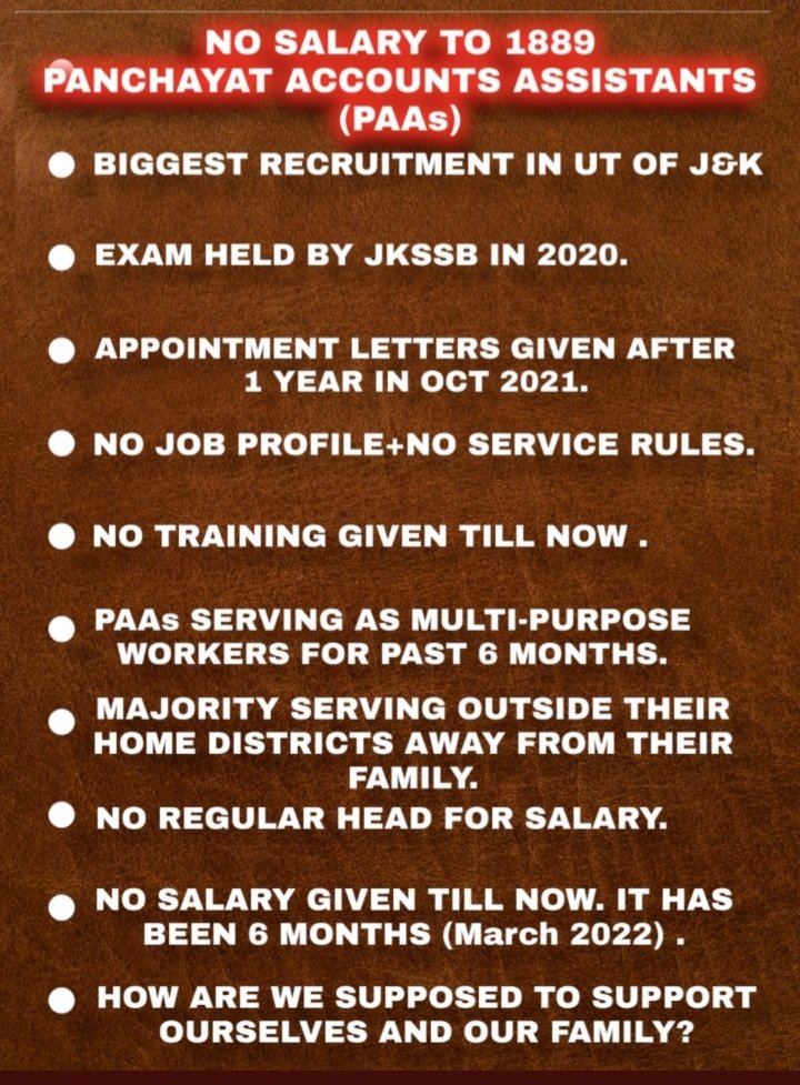 Arwan52495124's tweet photo. To work without salary is a nightmare for us all. We Panchayat Accounts Assistants wants to have our salary through regular head instead of administrative expenses #salaryThroughRegularHead 

@OfficeOfLGJandK

@AmitShah

@jkrddpr

@narendramodi https://t.co/k7D06ygP5F