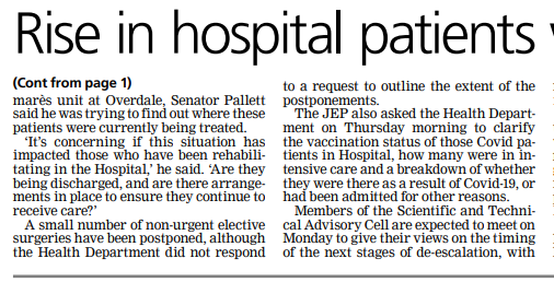 tominnes's tweet photo. Frustrating drop in transparency from @GovJersey with 44 Covid patients in hospital. Earlier this year info was provided about vax status & whether people were in 'with' or 'because of' Covid. Now - nothing, even with 2 days' notice... 🙄 @JEPnews https://t.co/k5cdVr040n