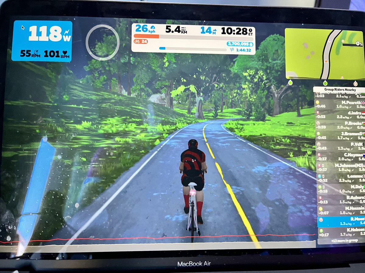 Ok 10mins in and I’m keeping an eye on everyone from the back! 
😂👍
Lovely scenery!
“Your speed doesn’t matter ….
forward is forward” 
Happy Saturday! 😁✅
@MesoaMen <a href="/Head4Change/">Head for Change</a> <a href="/GoZwift/">Zwift</a> <a href="/LeColUK/">Le Col</a> 
#RugbyRideChallenge #PedalForChange