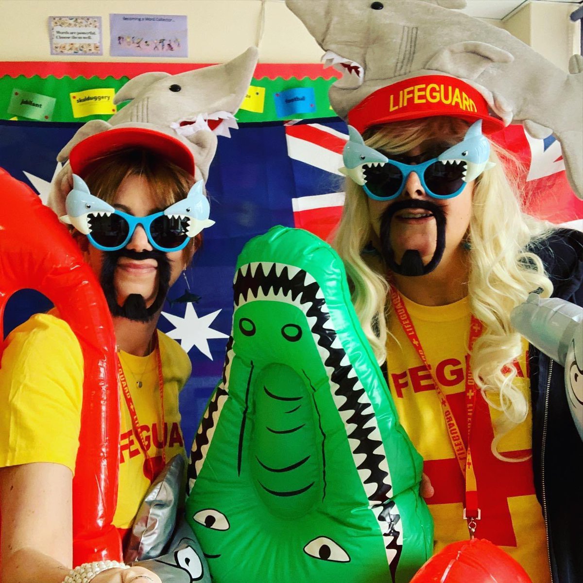 JACdesignsetc's tweet photo. This was me and my colleague Mel on our last day of online teaching, exactly a year ago: a culmination of Friday travels with ridiculous costumes and facial hair. Lots of other teachers did similar - I’d love to see your pics #edutwitter #lockdownlearning https://t.co/XD7qSSe5FU