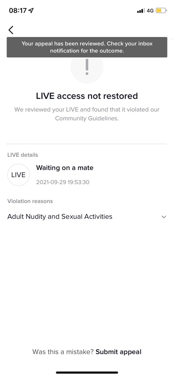 Skirkpatrick88's tweet photo. @TikTokSupport how can I have been violations but get banned for life then i appealed it and you reject me https://t.co/pwvaASlErD