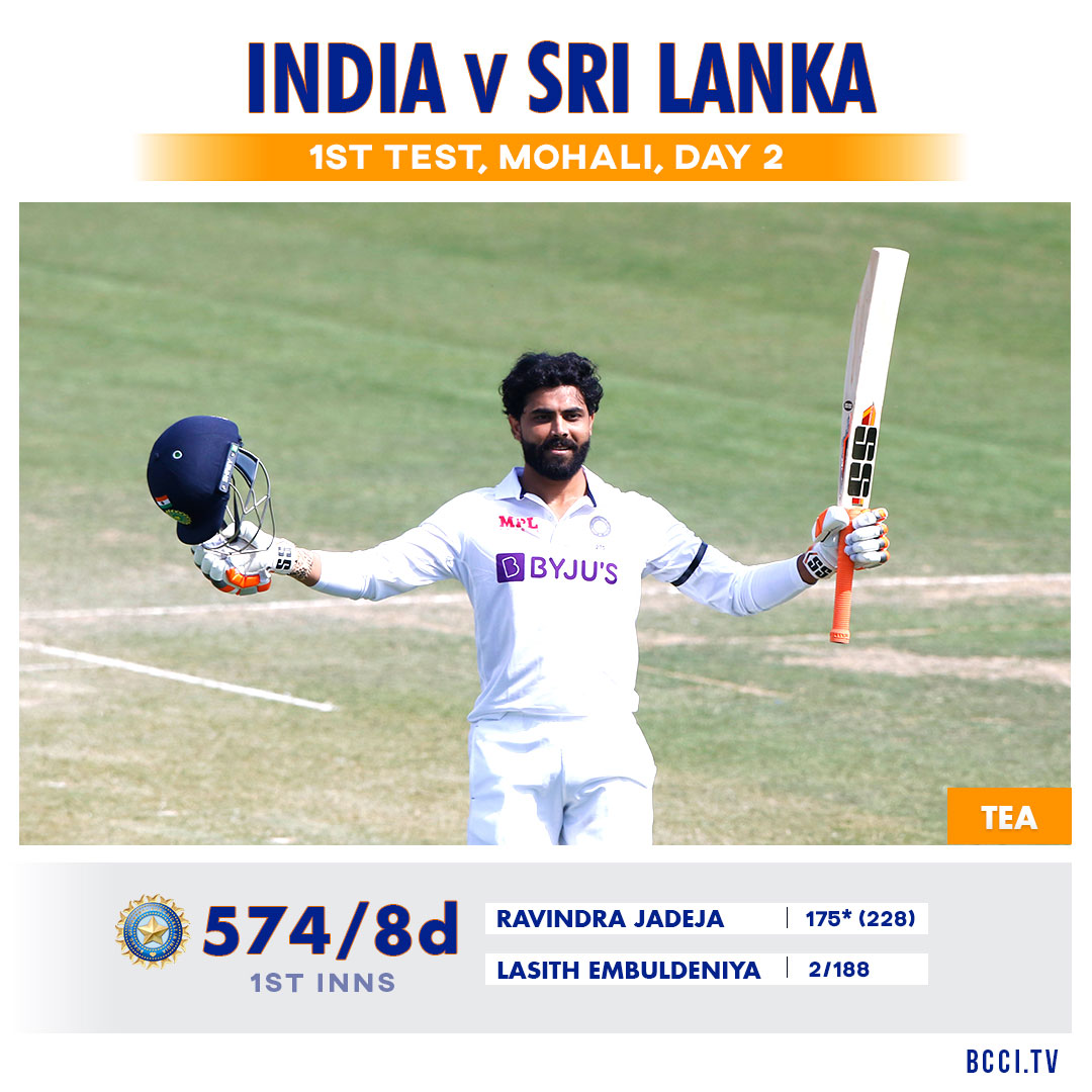 BCCI's tweet photo. Here comes the declaration and that will also be Tea on Day 2 of the 1st Test.

Ravindra Jadeja remains unbeaten on 175.

#TeamIndia 574/8d 

Scorecard - https://t.co/c2vTOXSGfx #INDvSL 
@Paytm https://t.co/yBnZ2mTeku