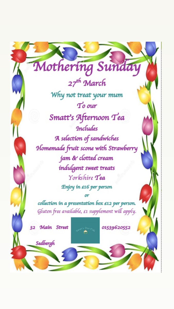 Why not treat your special mum 🌼 🌷 
Please book your table or your time to collect. 

#sedbergh #motheringsunday #mothersday #afternoontea #sconesjamandcream #clottedcream #strawberryjam