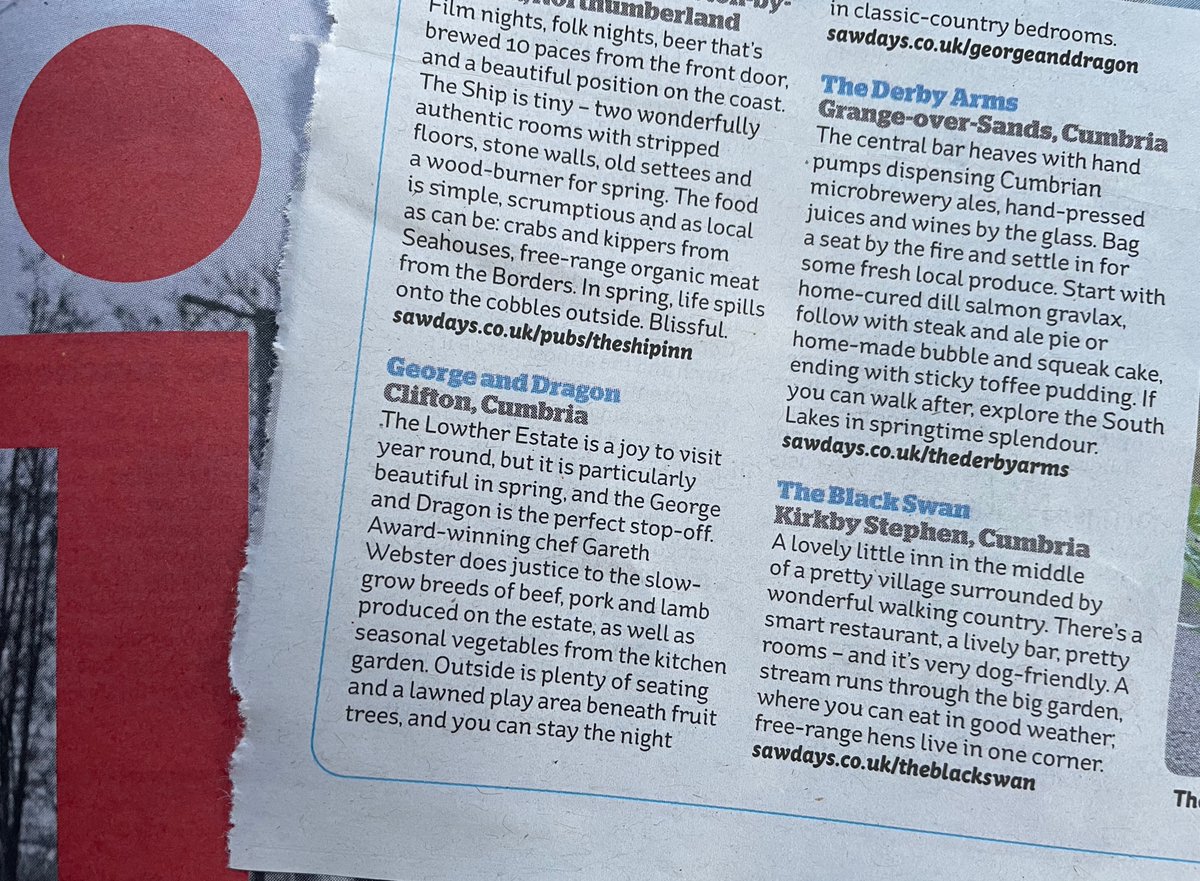 Good to see three pubs in #Cumbria amongst the '40 pubs ideal for spring' in <a href="/theipaper/">The i Paper</a> today. 
<a href="/GeorgeDragonCli/">George and Dragon Clifton</a> (pic, part of Askham Collection) <a href="/BlackSwanEden/">Blackswanhotel</a> and #TheDerbyArms. 
@FeatureCumbria #LakeDistrict #Pubs <a href="/AskhamHall/">Askham Hall</a> @visited