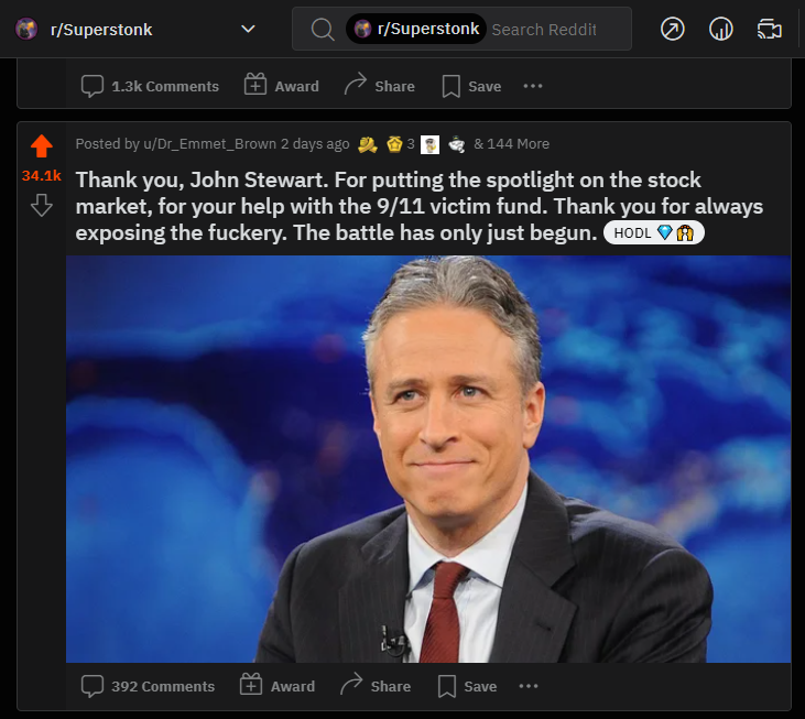 firstfam's tweet photo. @jonstewart I hope you've seen the appreciate r/superstonk showed you! Have your people look into why Reddit asked you to do the AMA with wallstreetbets rather than SuperStonk. WSB is part of the problem because they ban all talk of dark pools, shorts, EVERYTHING you talk about! https://t.co/Tjmt418wRT