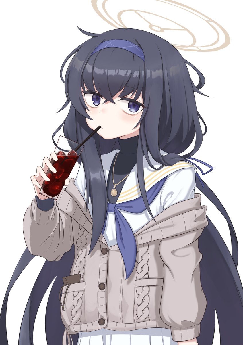 ui (blue archive) 1girl solo long hair halo black hair bags under eyes drinking  illustration images