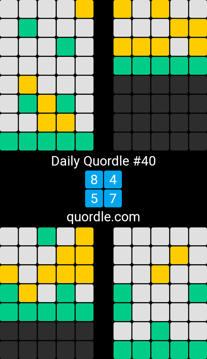 ClareJ29's tweet photo. Daily Quordle #40
8️⃣4️⃣
5️⃣7️⃣
https://t.co/Yxgqssiwhs https://t.co/4ock7s0Vy1