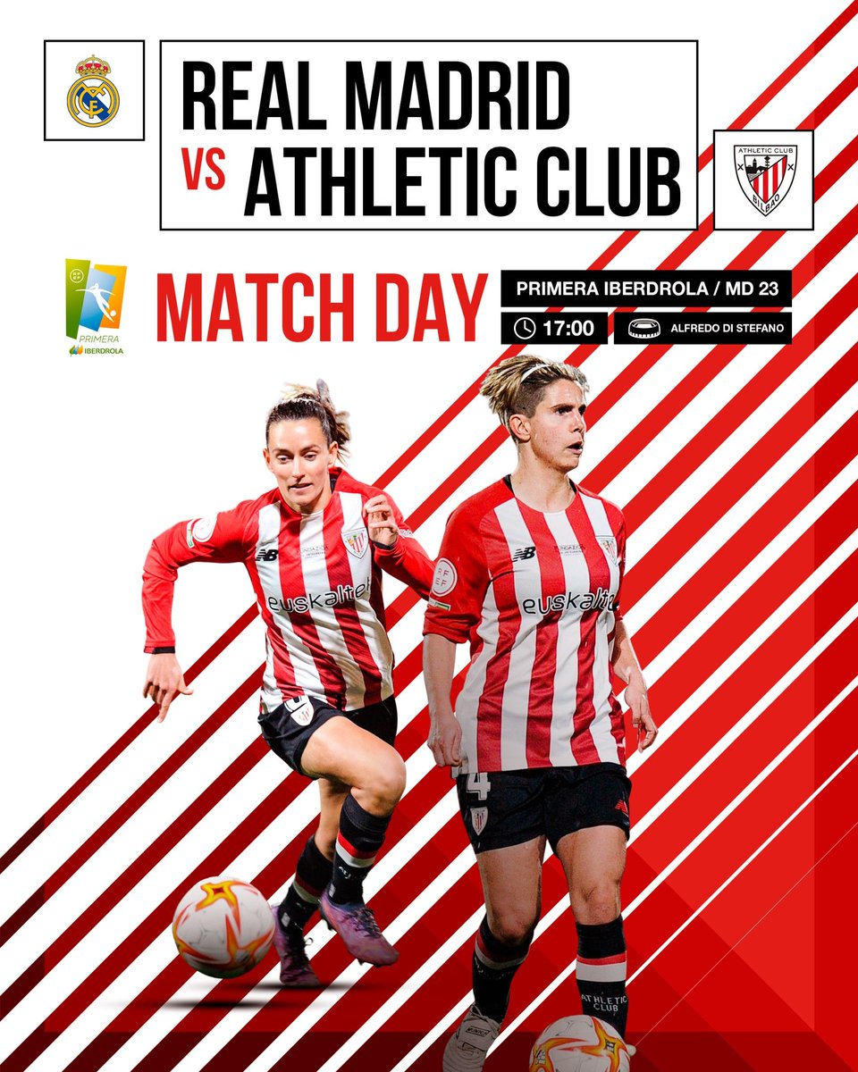 📢 ¡Partidazo en Madrid! Erronka polita gure neskentzat‼️

🆚 <a href="/realmadridfem/">Real Madrid C.F.</a> 
🕔 17:00
🏟️ Alfredo Di Stefano
📺 𝗬𝗼𝘂𝘁𝘂𝗯𝗲 𝗔𝘁𝗵𝗹𝗲𝘁𝗶𝗰
📲 #RealMadridAthletic

#AthleticClubFem 🦁