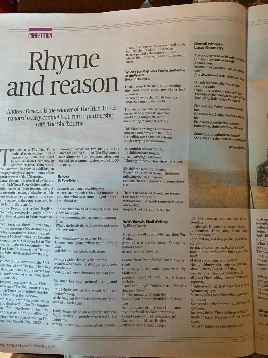 JeromeDevitt's tweet image. Mega congratulations to m’colleague Andrew Deacon @deaconajw on winning the Irish Times National Poetry Competition for his wonderful sonnet “Lucan Geometry”. Coming to an “Unseen Poetry” class soon…