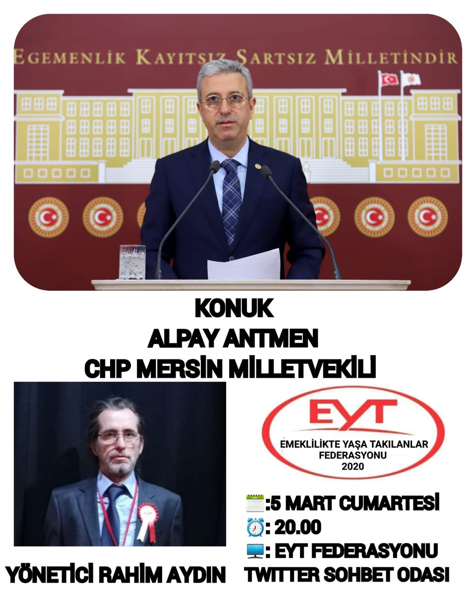 🔺DUYURU🔺
  👇👇👇👇👇
Tarih : 05 Mart Cumartesi 
Saat:  20:00'de

@herkesinCHP Mersin Milletvekili Sayın Av. Alpay ANTMEN
@EytFederasyonu Twitter Sohbet Odasında konuğumuz olacaktır.

Teşriflerinizi Bekleriz.

#EmeklilikteYaşaTakılanIar

<a href="/gonulborann/">Gönül Boran Özüpak</a> <a href="/avantmen33/">Av. Alpay ANTMEN</a> 
<a href="/RahimAydn9/">Rahim Aydin</a>
