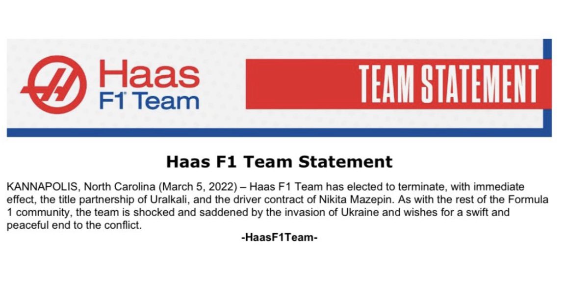 CroftyF1's tweet photo. Breaking News - Nikita Mazepin is dropped by Haas along with their Uralkali sponsorship. https://t.co/yIU0OS9qU7
