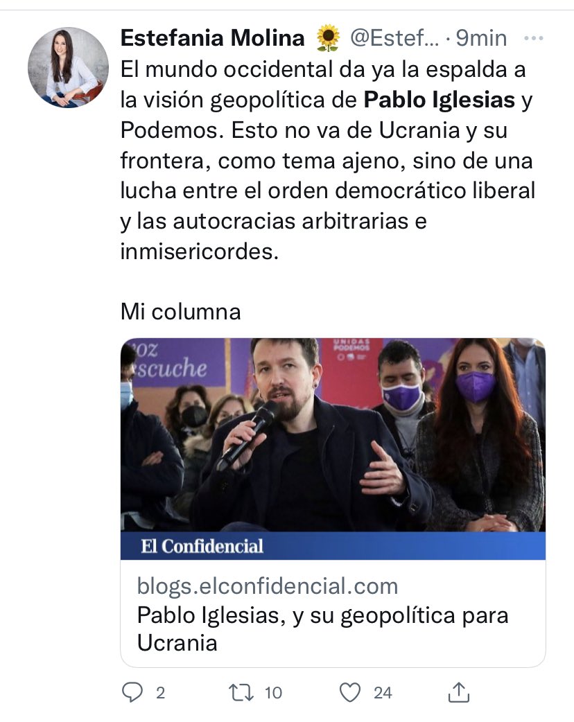 PabloIglesias's tweet photo. Joder, me ha dado la espalda “el mundo occidental” por escribir artículos y opinar en un puto podcast. Como le explico yo esto al psicoanalista 🙈 https://t.co/fPVk7mVrrt