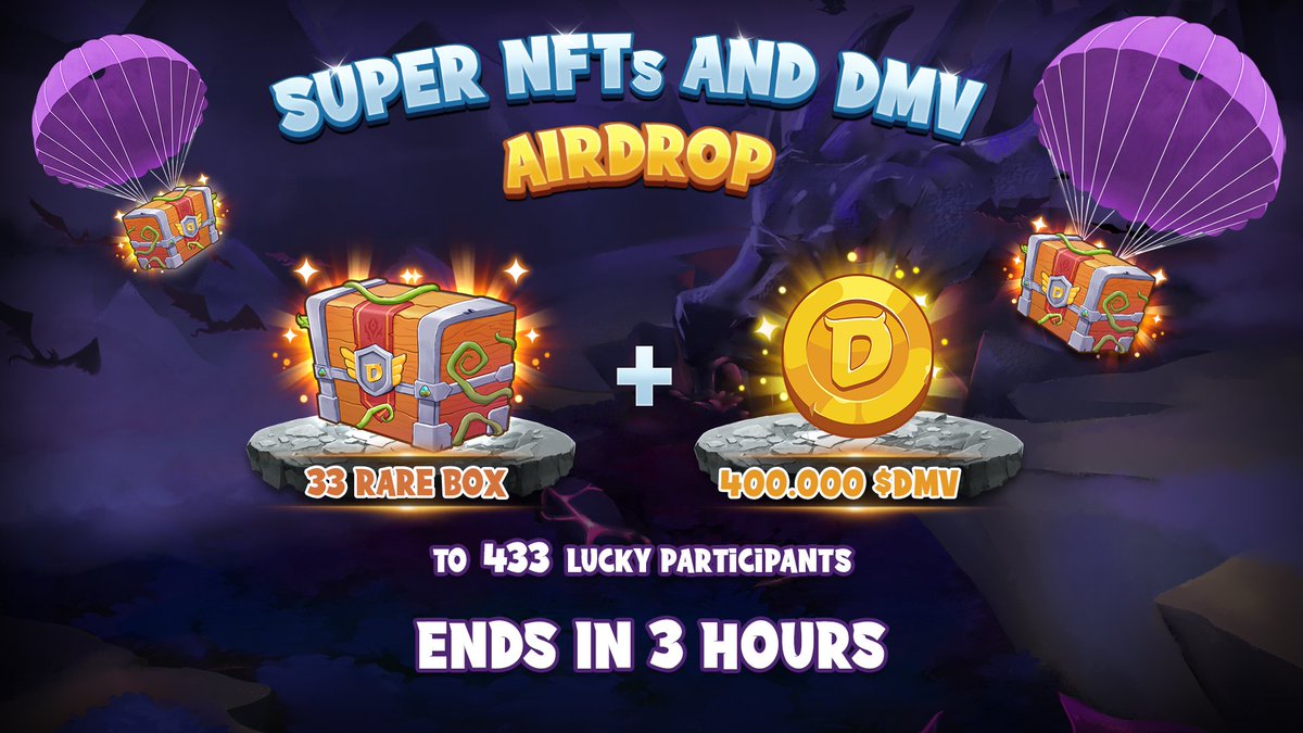 🔥🔥 Super NFTs and DMV Airdrop: 3 hours left 🔥🔥

🌟 Time: 18/02 - 05/03
🌟 Reward:
- 33 Rare Boxes (299 BUSD Each) to 33 super Lucky Winners.
- Top 50 Entry Winner: 2000 $DMV Each
- 350 Other Lucky Winners: 800 $DMV Each

🚀Join now: gleam.io/competitions/b…