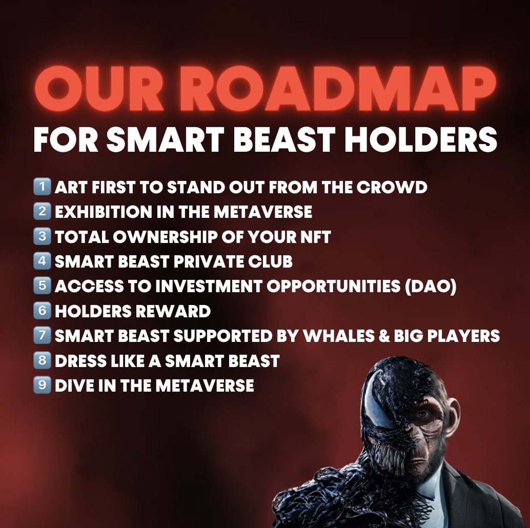 SmartBeast_nft's tweet photo. Our number 1 concern? Having a concrete and solid Roadmap for our holders. 🧠���

All the details in our Discord : https://t.co/vfq5SUvX9B 

RT if you're excited for what's coming! 🔥 https://t.co/DOGQwi3xep