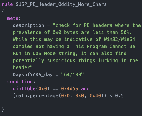 greglesnewich's tweet photo. Day 64 #100DaysofYARA looking for PE headers where the prevalence of 0x0 bytes are less than 50%.

Normalish PE headers from offset 0x0 to 0x40 are composed of roughly 80%  0x00 bytes https://t.co/8DteGnTbu8