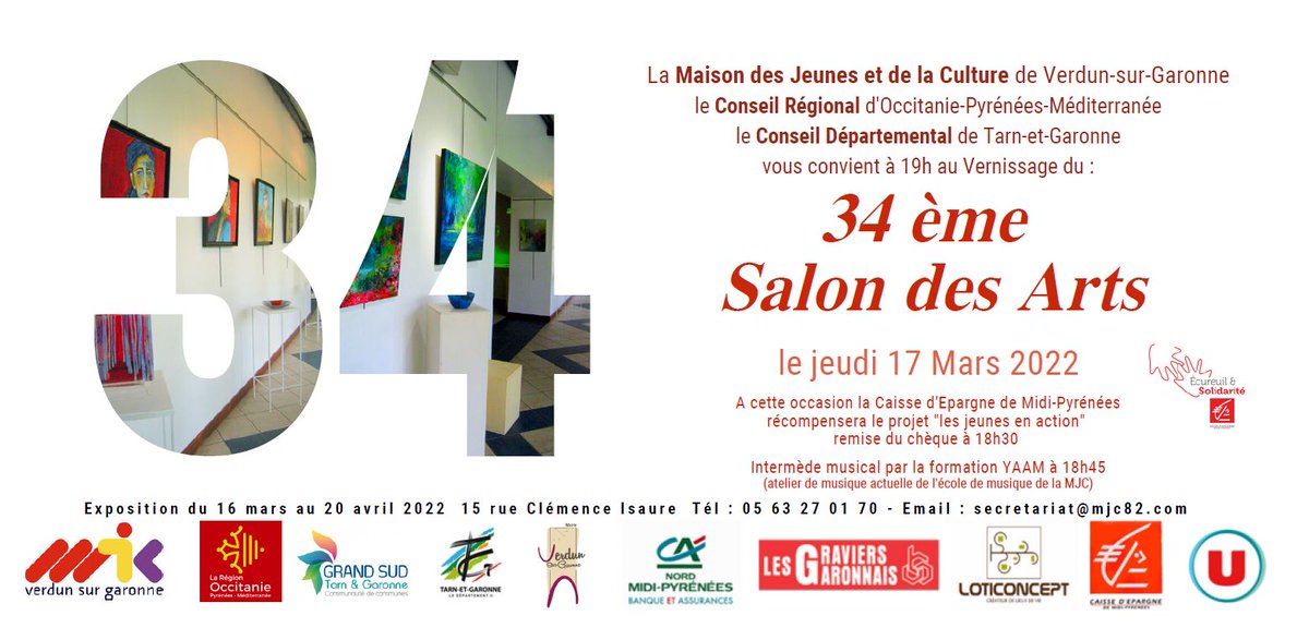 mjc_VerdunsurG's tweet photo. 🎊 La MJC de #verdunsurgaronne vous invite au vernissage du "#34èmeSalondesArts" le jeudi #17Mars. 🥳 https://t.co/NkmyiiyVCn