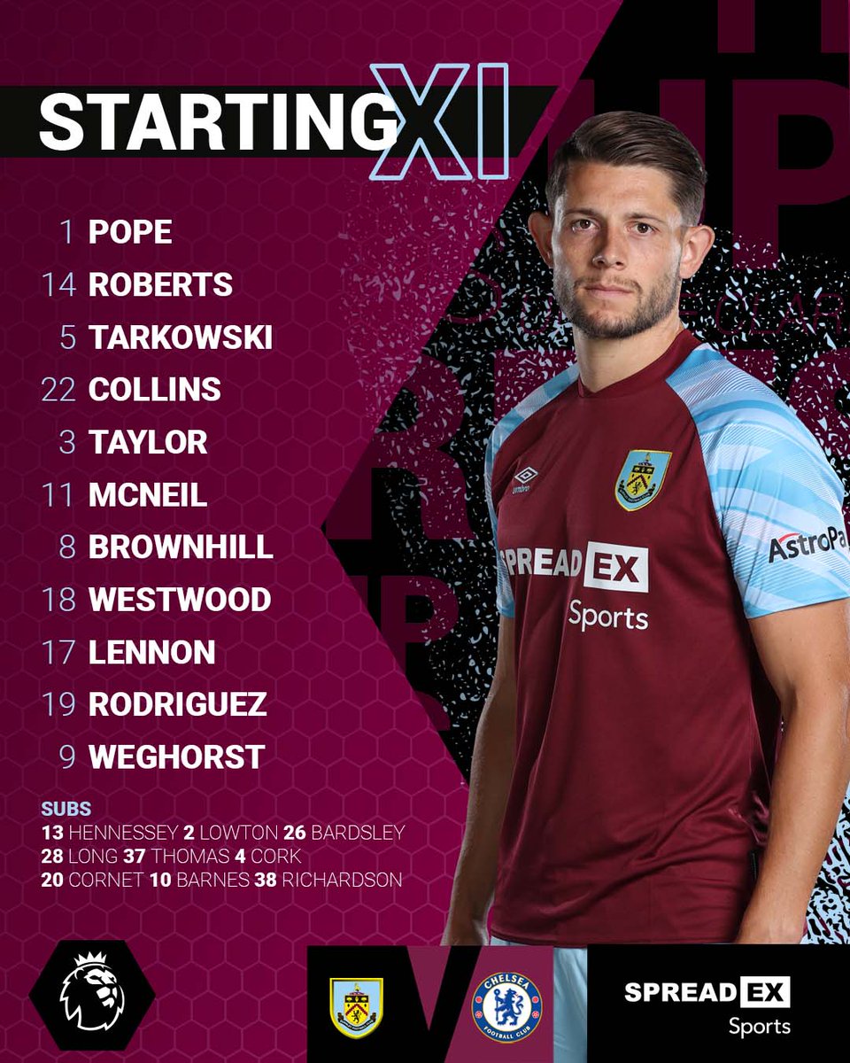 BurnleyOfficial's tweet image. 📋 Here's your Clarets team for this afternoon's game!

#BURCHE | @SpreadexSport | #UTC