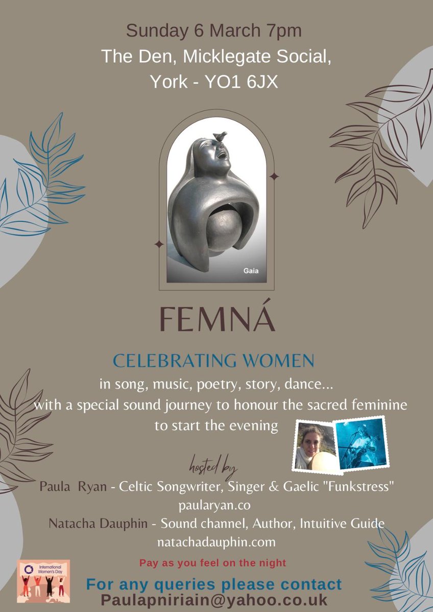#Tomorrow FEMNÁ #Celebrating #Women in #song #music #poetry #story #sound #journey to mark #IWD2022 #IWD #International #womens #day in lovely setting of Micklegate Social.  Delighted to be co-hosting with <a href="/natacha_dauphin/">NatachaDauphin</a> Join us from 7 pm   #internationalwomensday #breakthebias