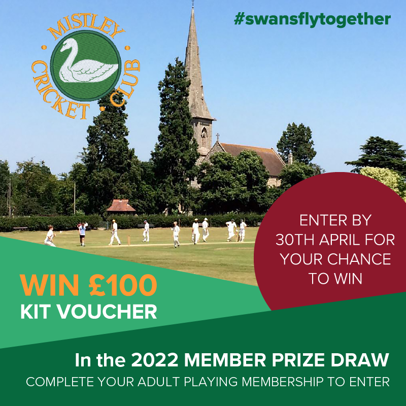 MistleyCC's tweet photo. The Mistley CC 2022 Member Prize Draw is now open. To enter, just sign up as a playing member by 30th April. 

With £150 in Mistley CC Kit Vouchers to be won, what are you waiting for?

Find out more &amp; enter at: https://t.co/VmcFazGKRv

#Cricket #Mistley #Essex #SwansFlyTogether https://t.co/xIwKMsRfq2