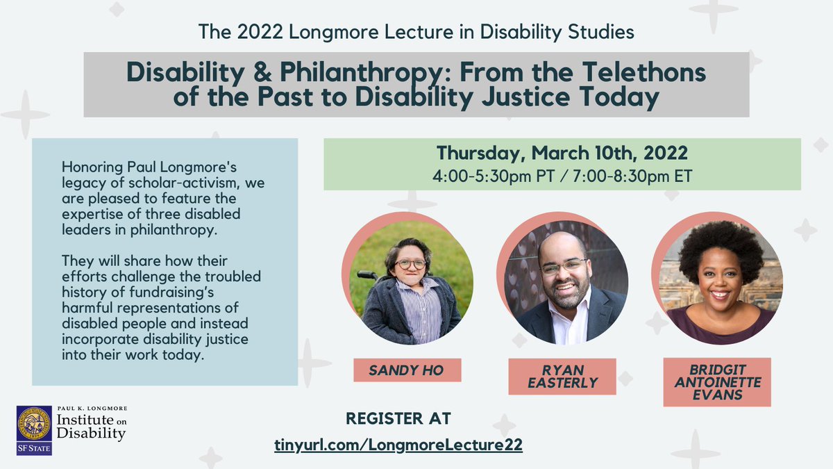 SFdirewolf's tweet photo. This Thursday, 4-5:30 pm Pacific!
@LongmoreInst Lecture in Disability Studies 2022: Disability & Philanthropy
Registration link: https://t.co/OBNj5OQNkW
(+alt text)
#philanthropy #grantmaking #DisabilityJustice #DisStudies #LongmoreLecture https://t.co/JBb0yINAtP