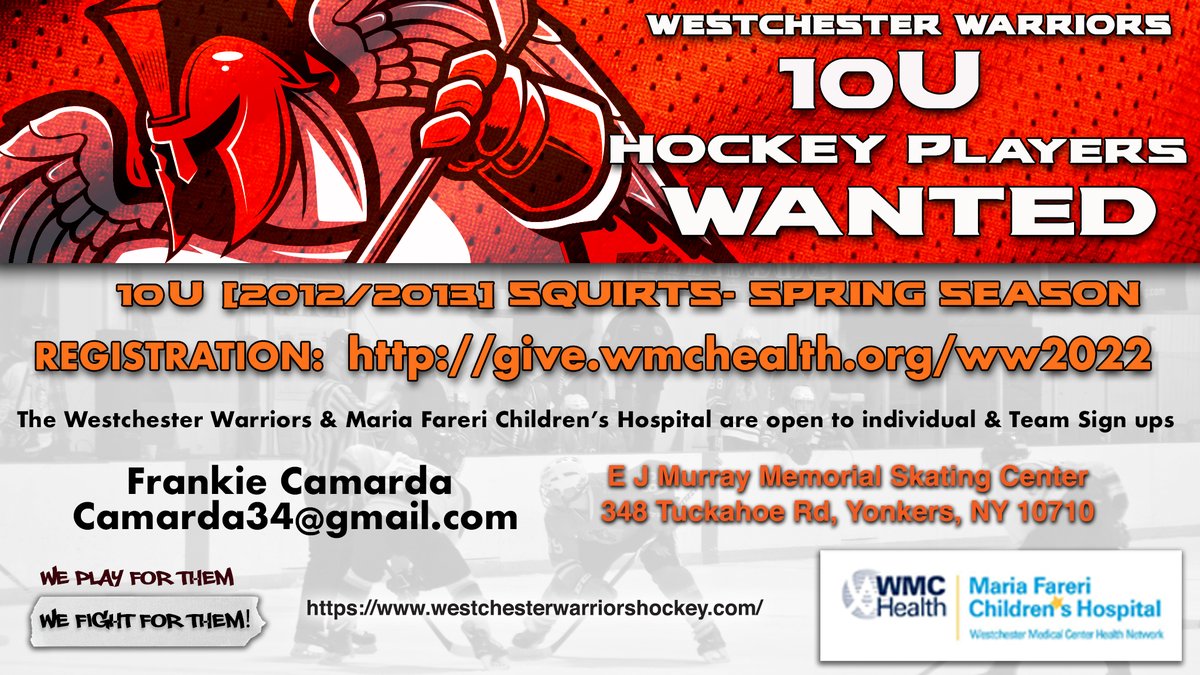 A few more open spots for WARRIORS fundraising tournament hockey teams. 

Reach out to the coaches before you register:
give.wmchealth.org/event/westches…

2006/07
Coach – Bobby Koerner
Aprilbob2@verizon.net
(914)484-8387

2012/13
Frank Camarda Jr 
Camarda34@gmail.com 
914-879-5558