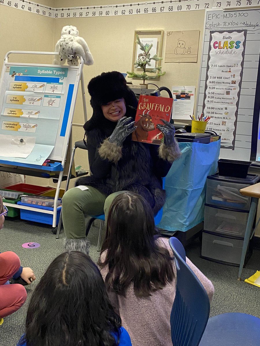 WBEteacher's tweet photo. What a fun parent read aloud! Mrs. Tellez came dressed as the book character - The Gruffalo! https://t.co/VrwDOD6Ns6