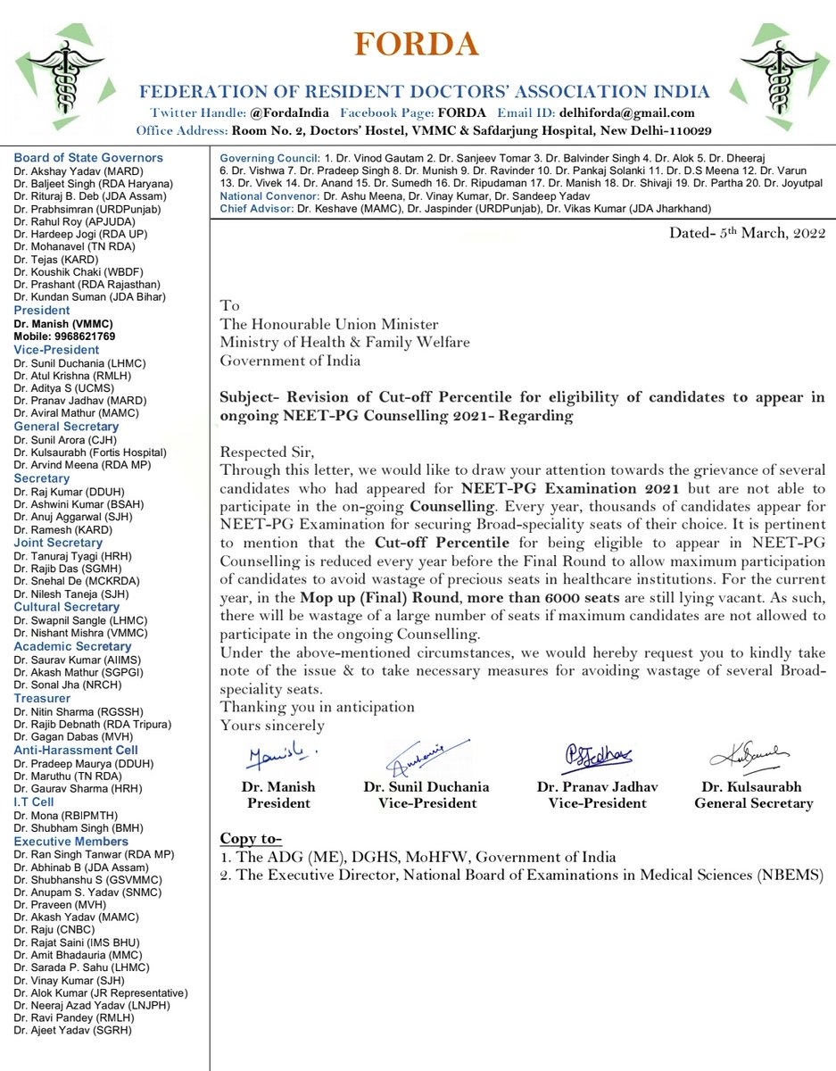 FORDA urges the Center to revise the cut-off percentile for eligibility of the candidates in #neetpg2021counselling since over 6,000 seats are lying vacant which may go waste if the maximum candidates aren't allowed to appear.

The current cut-off mark is 302 out of 800.