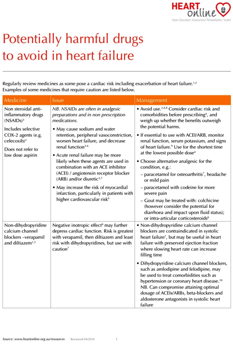 DailyPharmacist's tweet photo. ⚠️ Drugs that can exacerbate HEART FAILURE

• NSAIDS: sodium &amp; fluid retention, decrease renal function

• VERAPAMIL: negative inotropic effect

• CORTICOSTEROIDS: sodium &amp; fluid retention

• PIOGLITAZONE: fluid retention

• FLECAINIDE: negative inotrope &amp; proarrhythmic https://t.co/G1SfhNfMPg