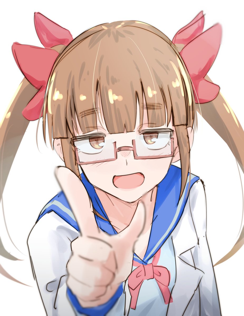 1girl solo twintails brown hair glasses school uniform white background  illustration images