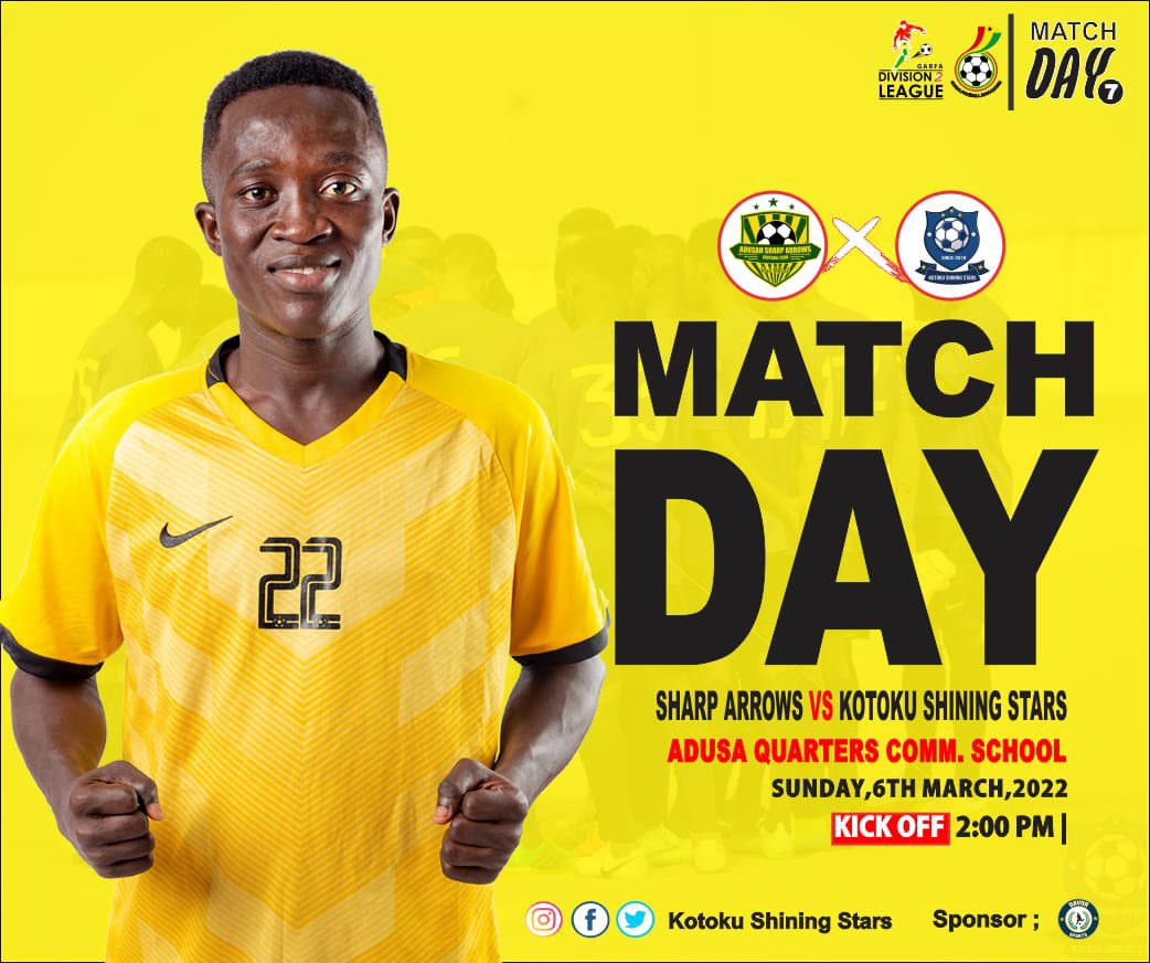 KotokuStars's tweet photo. UP NEXT!!

@accragarfa DIVISION TWO (2) LEAGUE
•
•

🆚 ADUSUAH SHARP ARROWS
🏟 ADUSAH QUARTERS COMM. SCHOOL
⏱ 2:00 PM GMT

🔵⚪️🟡 #KSS #Shiningstars #GarfaDivisionTwo #OneDreamOneVision ⚽️🇬🇭 https://t.co/cRpnw28KFD