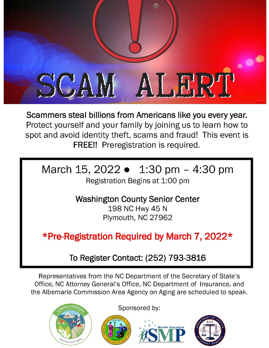 NC Secretary of State (@ncsecstate) on Twitter photo Two new Scam Jams have been added to the schedule! Come learn how to spot and avoid the latest scams. The events are free, but registration is required. See the posters for details. Hope to see you there! <a href="/NCAGO/">NC Attorney General</a> <a href="/NCInsuranceDept/">NC Department of Insurance</a> Two new Scam Jams have been added to the schedule! Come learn how to spot and avoid the latest scams. The events are free, but registration is required. See the posters for details. Hope to see you there! <a href="/NCAGO/">NC Attorney General</a> <a href="/NCInsuranceDept/">NC Department of Insurance</a>