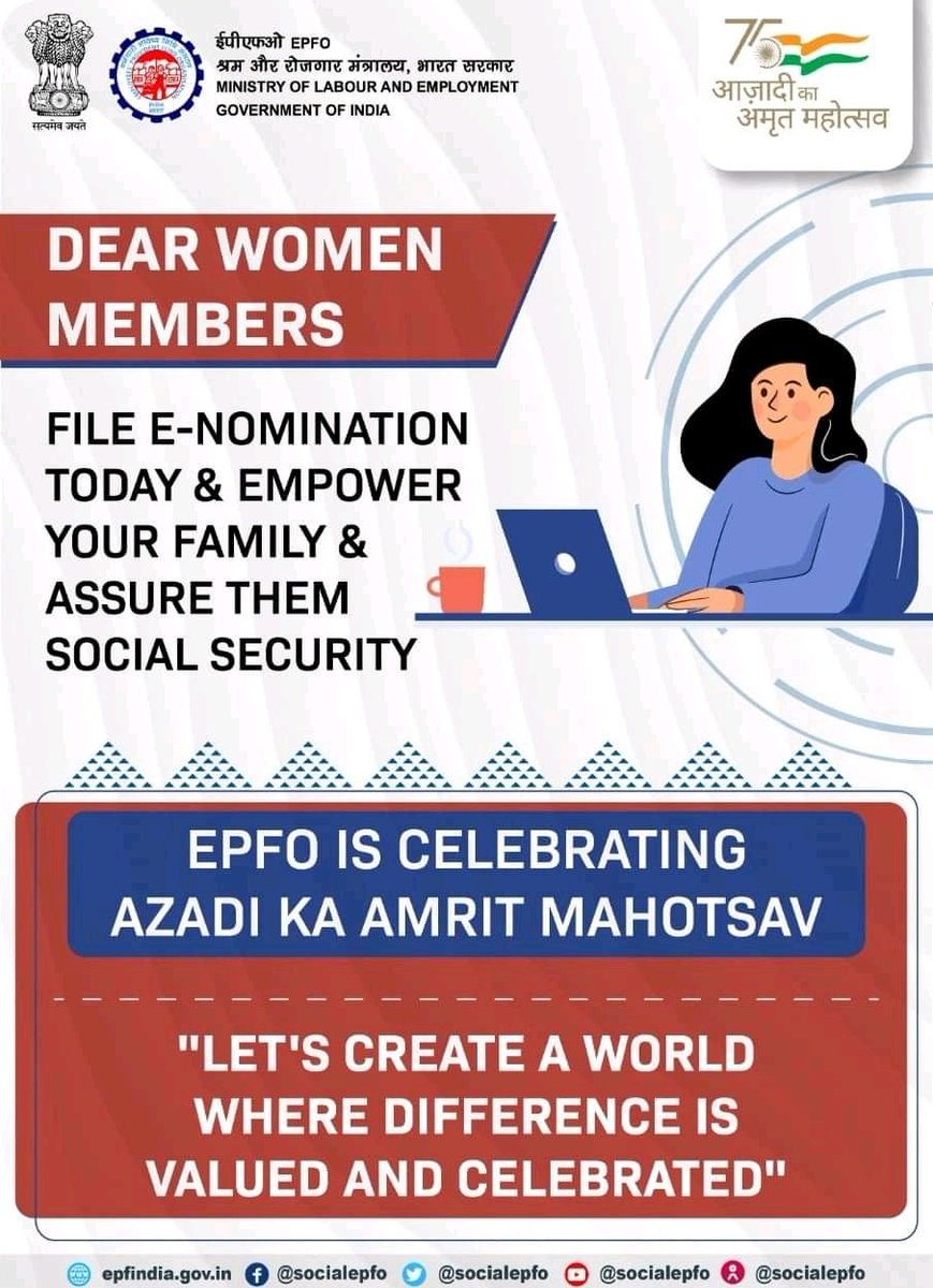 officialepfo's tweet photo. On this #InternationalWomensDay, we urge #Women members to file #eNomination and empower #family and assure them #SocialSecurity.

#EPFO #AmritMahotsav @AmritMahotsav https://t.co/UywrwNIcQQ